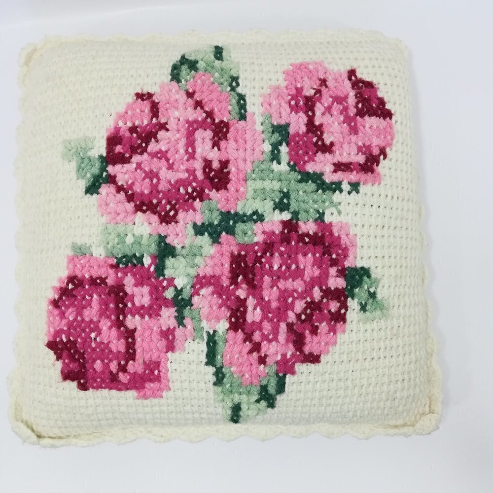 Vintage Crochet Flower Pillow 15" Square Scalloped Edge Floral Cross Stitch OOAK